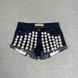 REVERSE Denim Shorts Daisy Embroidery Frayed Raw Hem Blue Juniors Size M Y2K